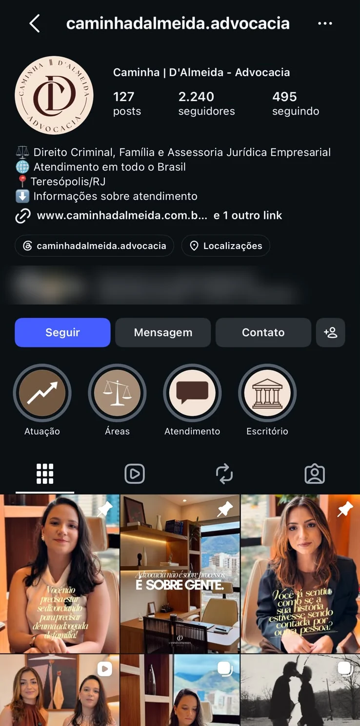 Perfil do Instagram @caminhadalmeida.advocacia: Direito Criminal, Família e Assessoria Jurídica Empresarial, em Teresópolis/RJ